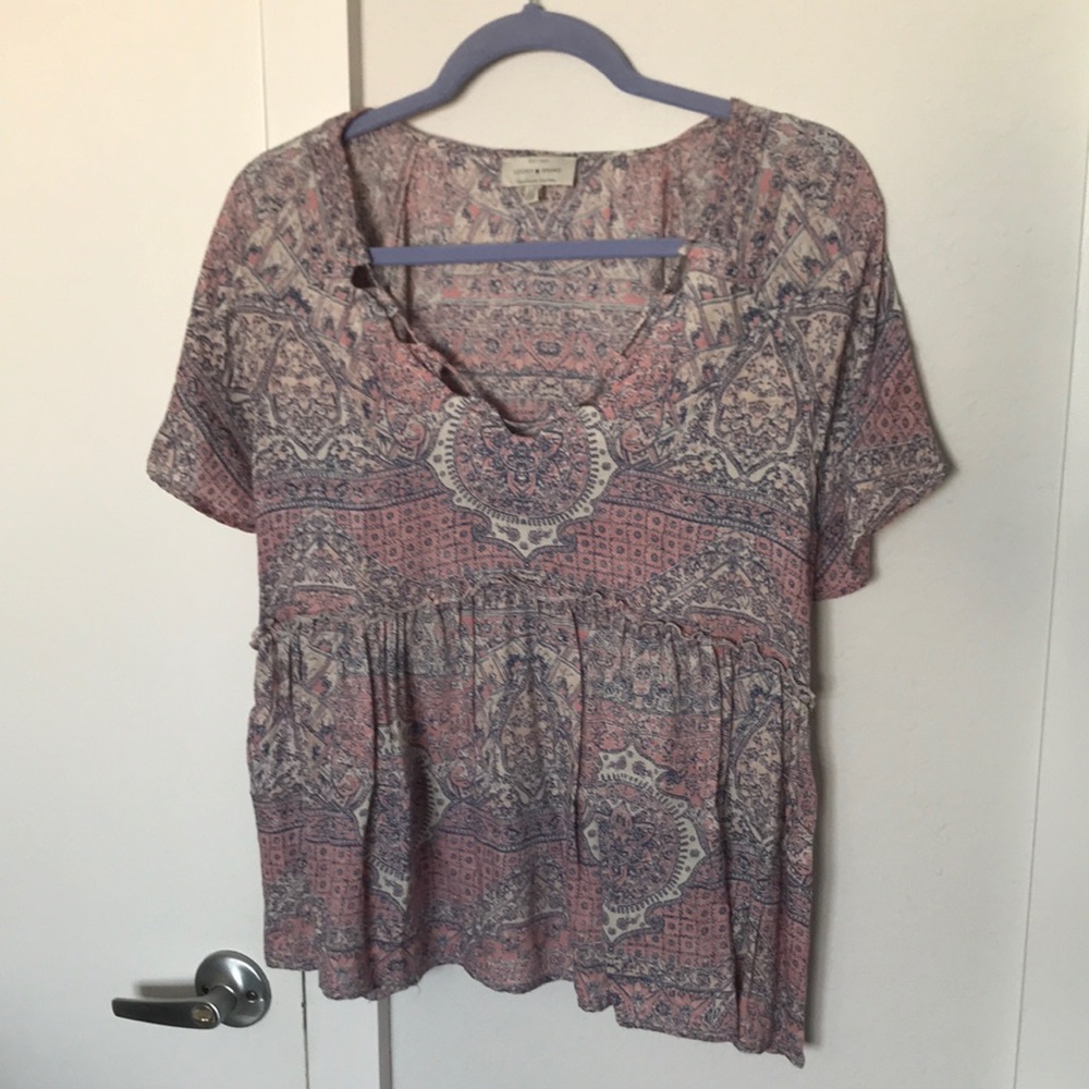 Lucky Brand mixed print Pink Boho top Size L